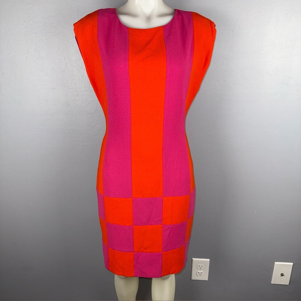 Vintage Bugardi Shift Dress Women’s 8 Cap Sleeve Lined Knee Length Pink Orange